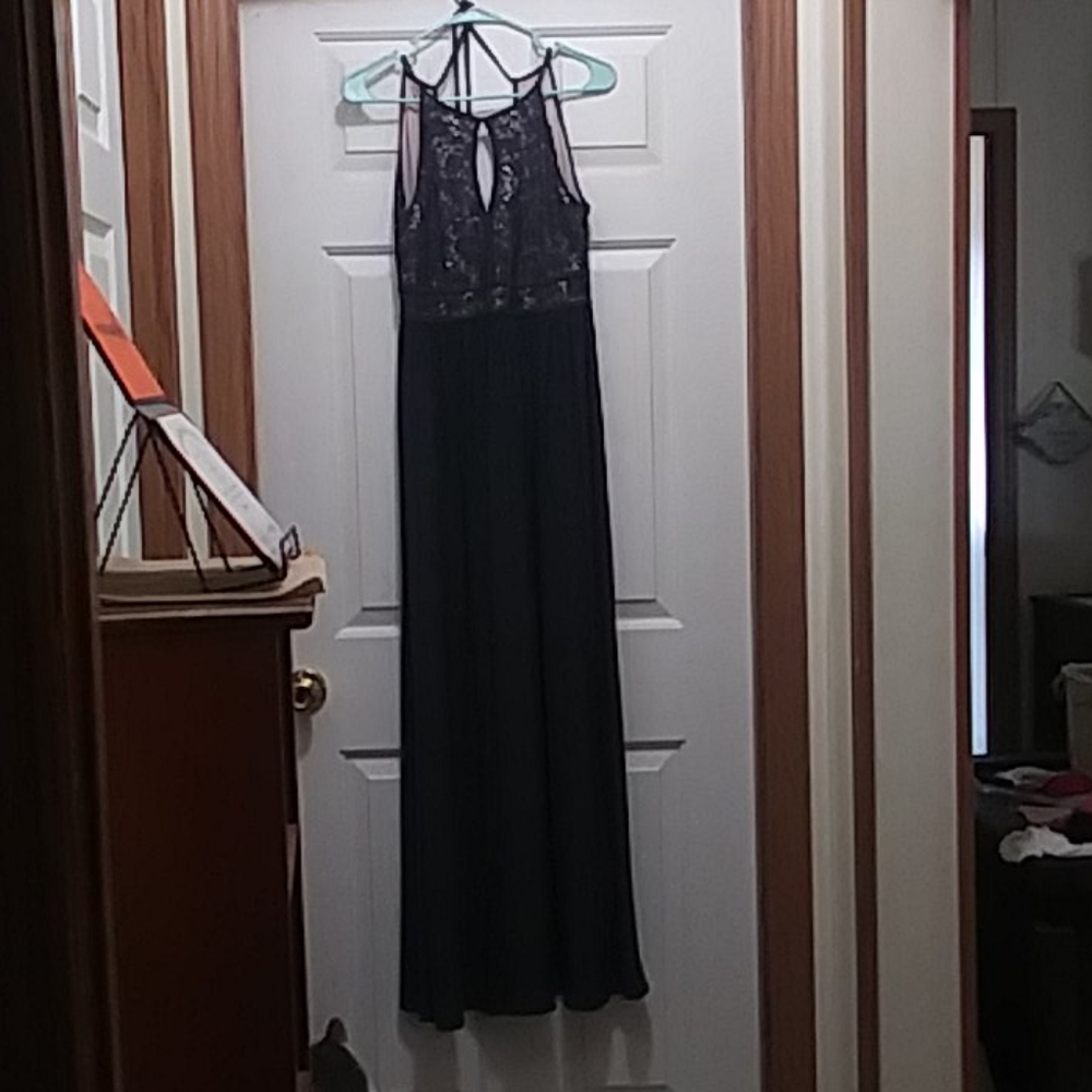 Long dark grey/blue hoco dress w/beading